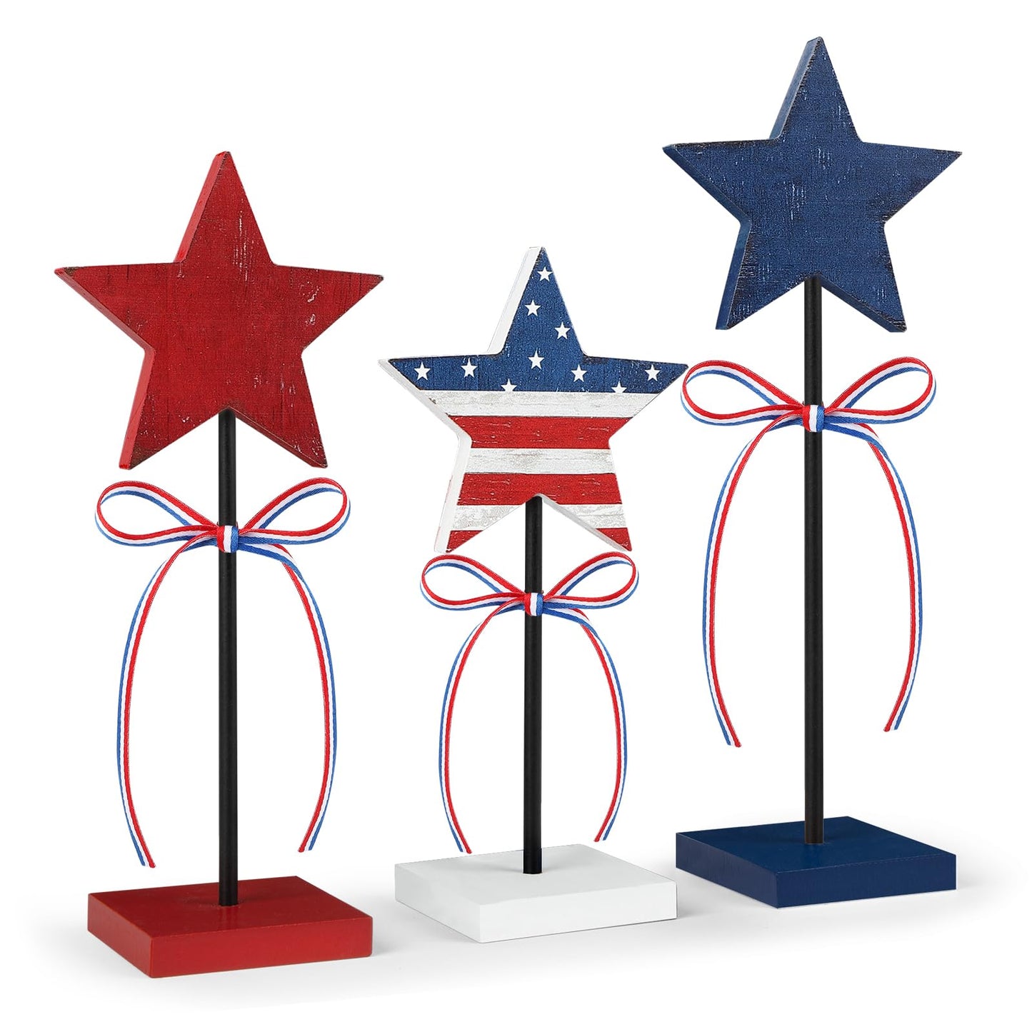 Hedeey 4th of July Tiered Tray Decor Wooden Star Set, 3 Pcs Memorial Day Table Decorations, Rustic Patriotic Tabletop Home Decor, Red White and Blue Decorations for Home (Retro)