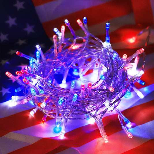 Vicila 4th of July Decorations 100 LED String Lights, Patriotic Twinkling Hanging Light Plug in Waterproof Fairy Light for Outdoor, Christmas, Party, Bedroom, Independence Day Decor-Red White Blue