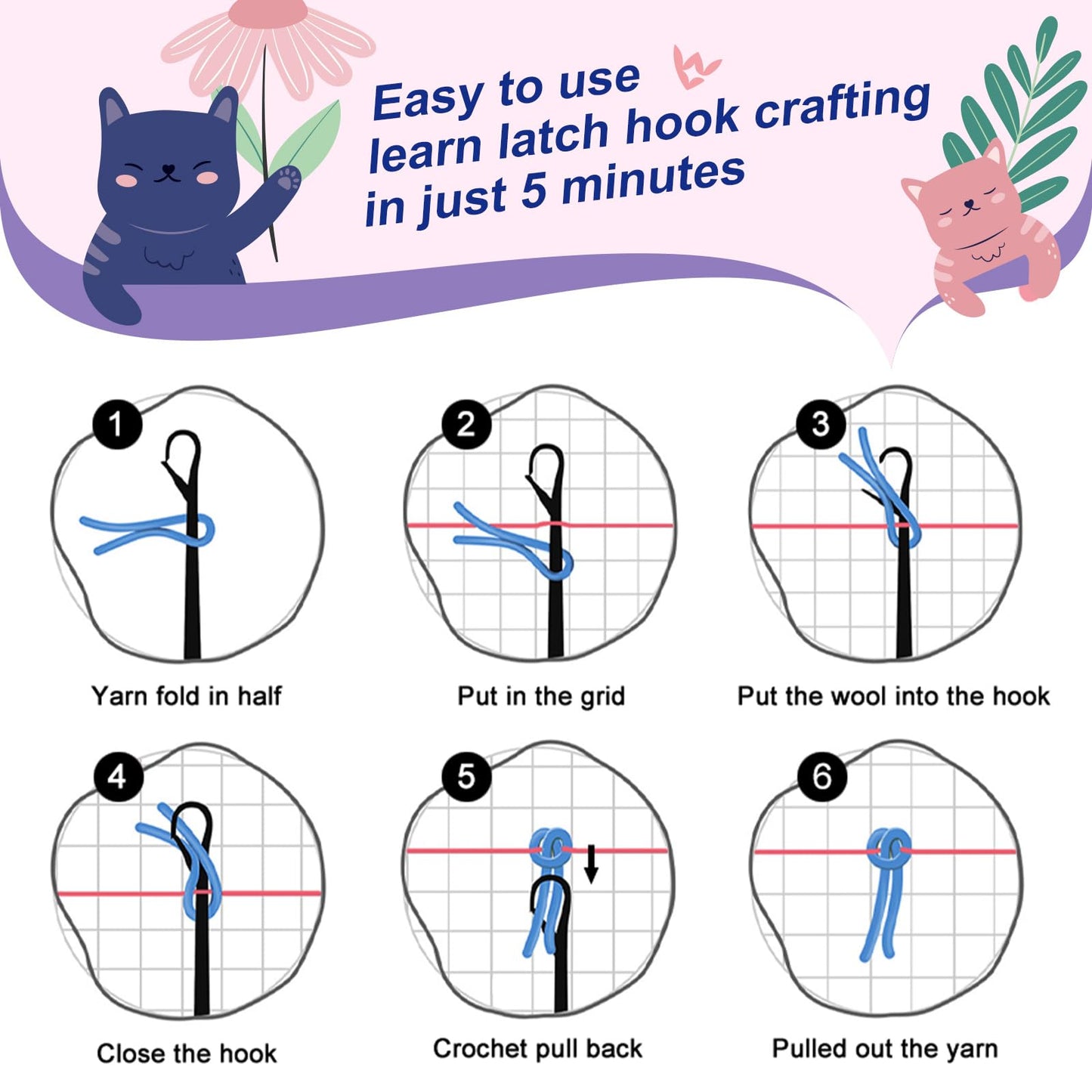 Blue Butterfly Latch Hook Kits for Adults, Beginners Insect Latch Hook Rug Starter Kit Pre-Printed Carpet Making Set DIY Handmade Wall Hanging Craft for Home Decoration 20x15 inch