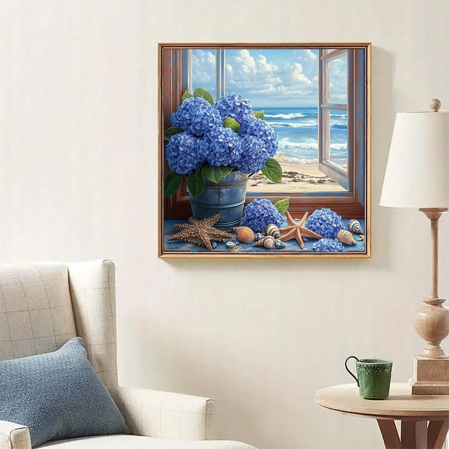GEWOUVIN Window Side Hydrangea Diamond Art Kits for Adults,Seaside Diamond Painting Kits for Adults Beginners,DIY Full 5D Round Drill Gem Art Kits for Gift Home Wall Decor【13.8x13.8inch】