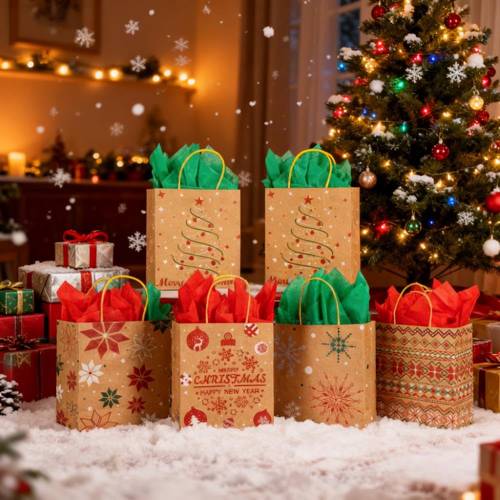 24 Christmas Kraft Gift Bags 7x 8.6 x 3 with 24 Tissue Papers for Xmas Exchange, Party Favors Paper Goodie Bags, Assorted Christmas Bags, Treat Bags