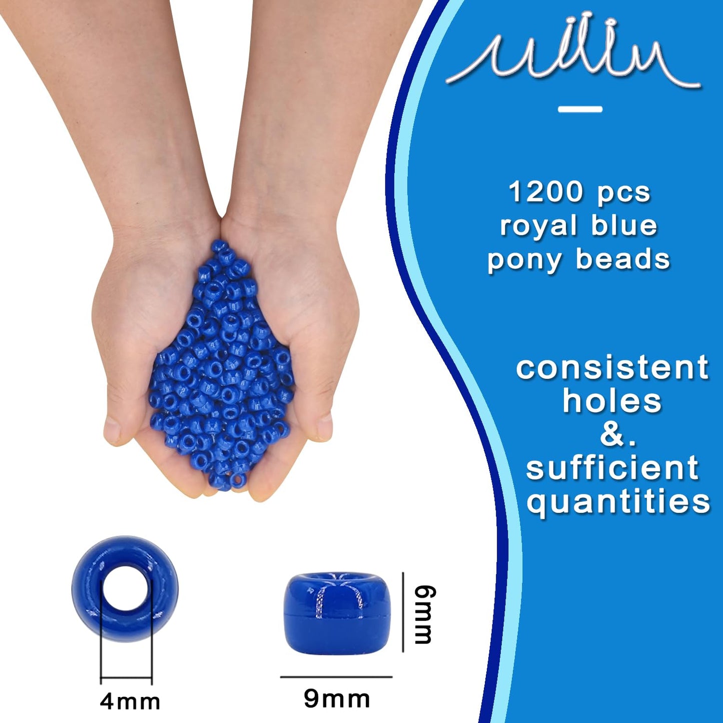 MIIIM 1200PCS 6x9mm Pony Beads Bulk, Royal Blue Pony Beads for Bracelets Making Kit, Kandi, Hair Braids Crafts for Jewelry Making (Royal Blue)