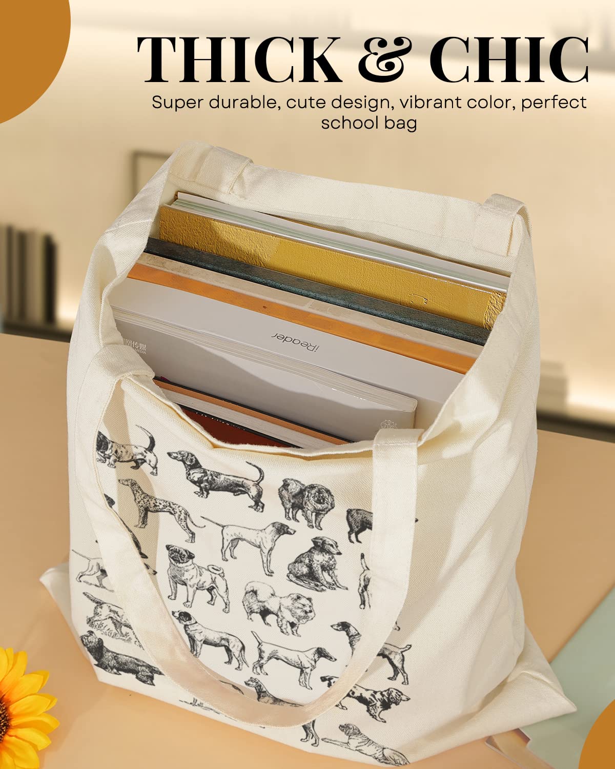 AUSVKAI Canvas Tote Bag Aesthetic for Women, Cute Trendy Dog Hand Drawn Reusable Cloth Cotton Bags with Handle for Grocery College Shopping Beach