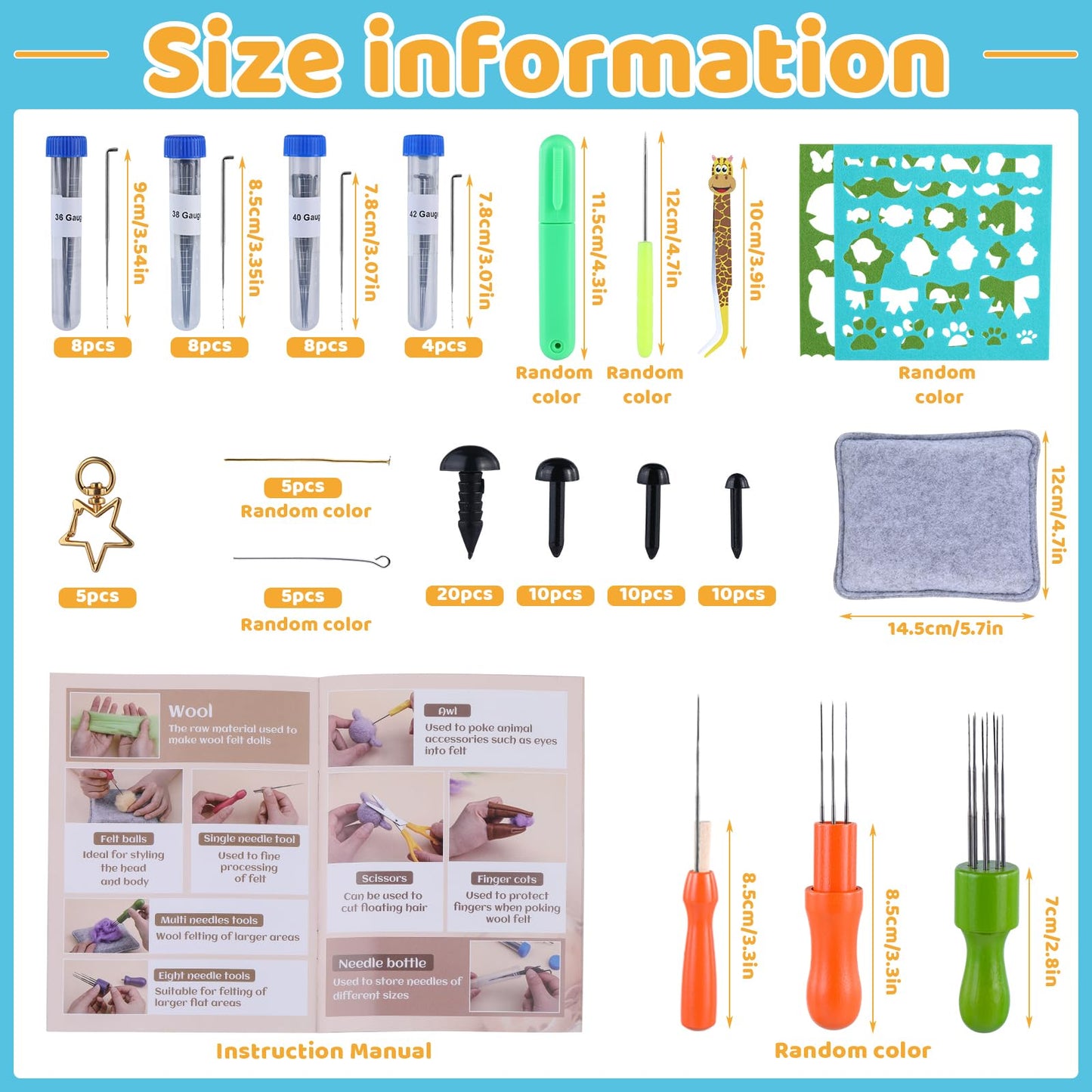 Needle Felting Kit, 42 Colors Wool Roving Starter Kit, Needle Felting Starter Kits, Needle Felting Wool with Felt Tools, Instructions, Green Storage Bag for Felted Animal