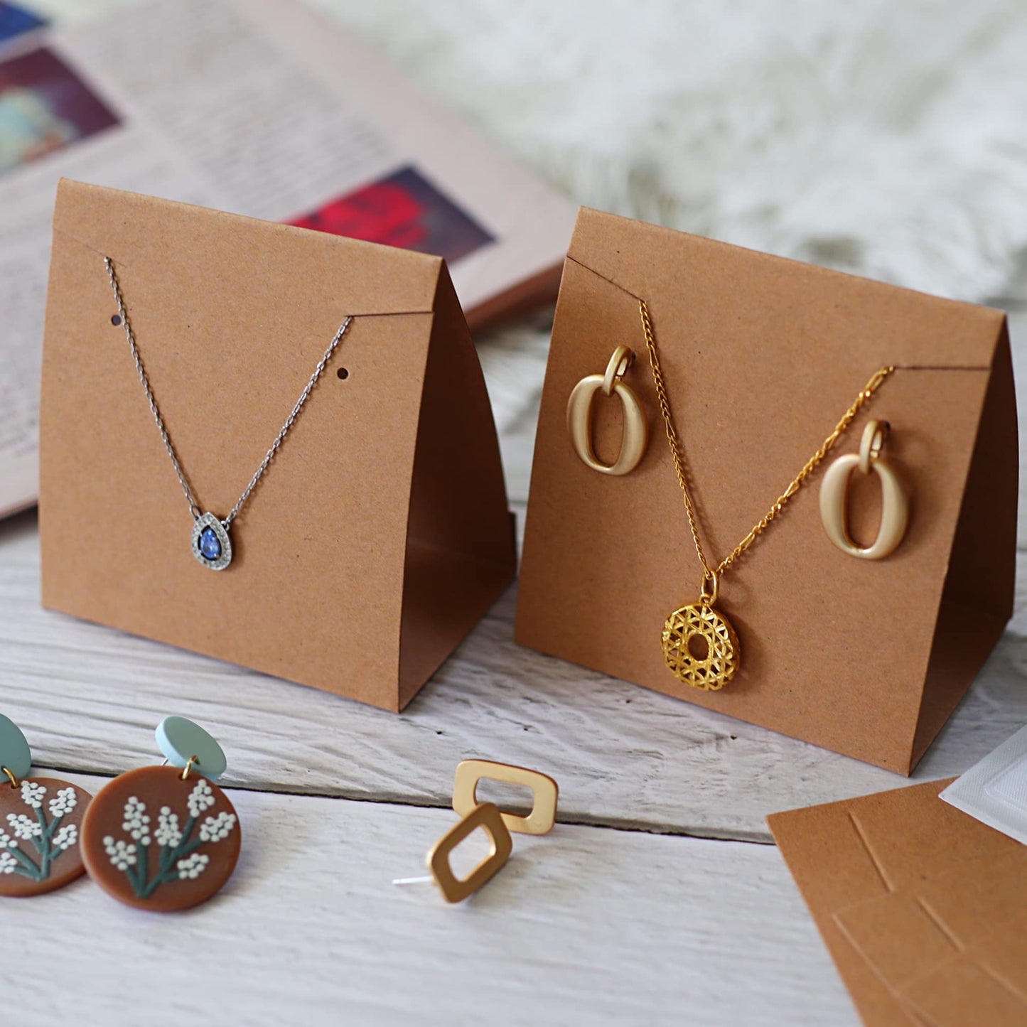 Temlum 50 Pcs Standing Jewelry Cards with Necklace Pouch, Earring Holder Cards Earring Cards for Selling Necklace Earring Packaging for Small Business Jewelry Packaging Supplies