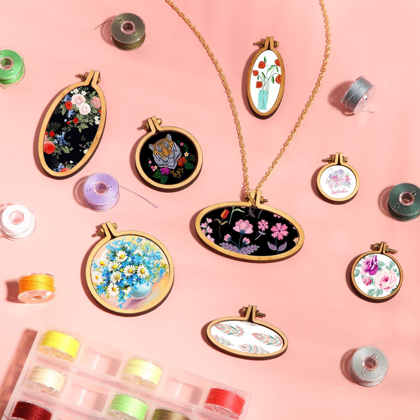 Mini Embroidery Hoop Wooden Mini Stitch Hoop Ring for DIY Pendant Crafts, Round, Oval Vertical, Oval Horizontal(16 Sets)