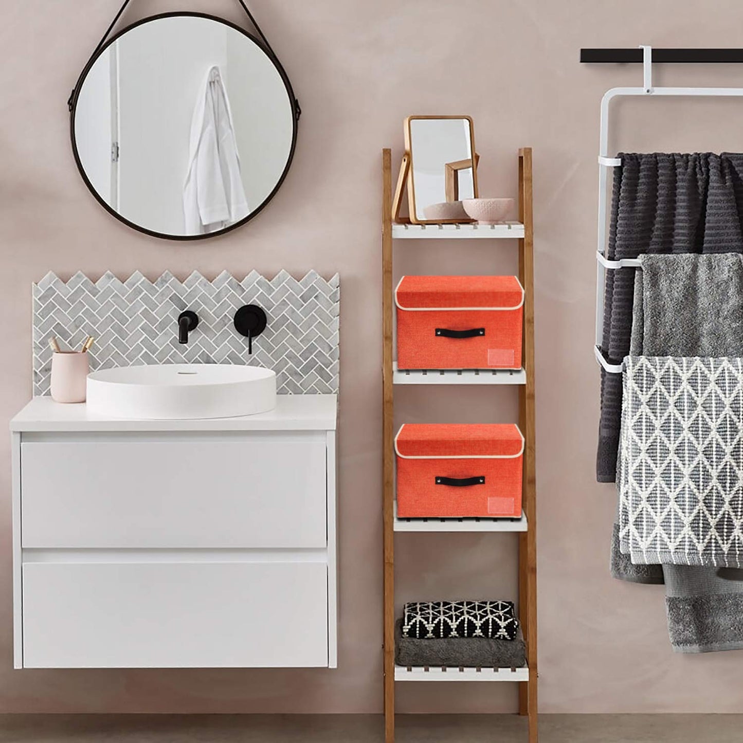 Small Storage Bins with Lids 2 Pack Linen Collapsible Cube Storage Basket with Handle, Jane's Home Foldable Fabric Storage Box with lids for Clothes Closet, Ornament Grey