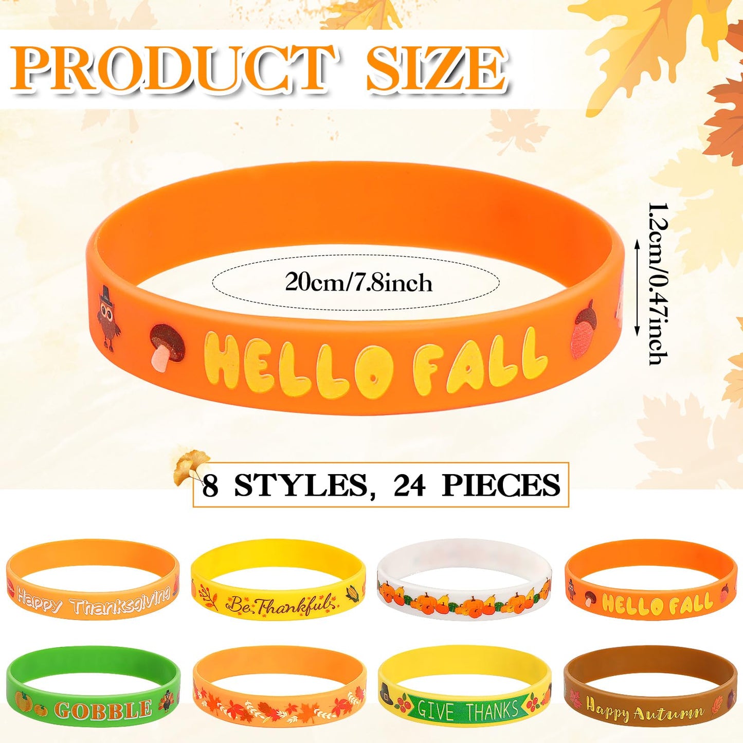 24Pcs Thanksgiving Silicone Bracelets Rubber Wristbands Fall Party Favors for Kids Decorations for Autumn Thanksgiving Party Kids Stuffers Filler Accessories Gifts Supplies