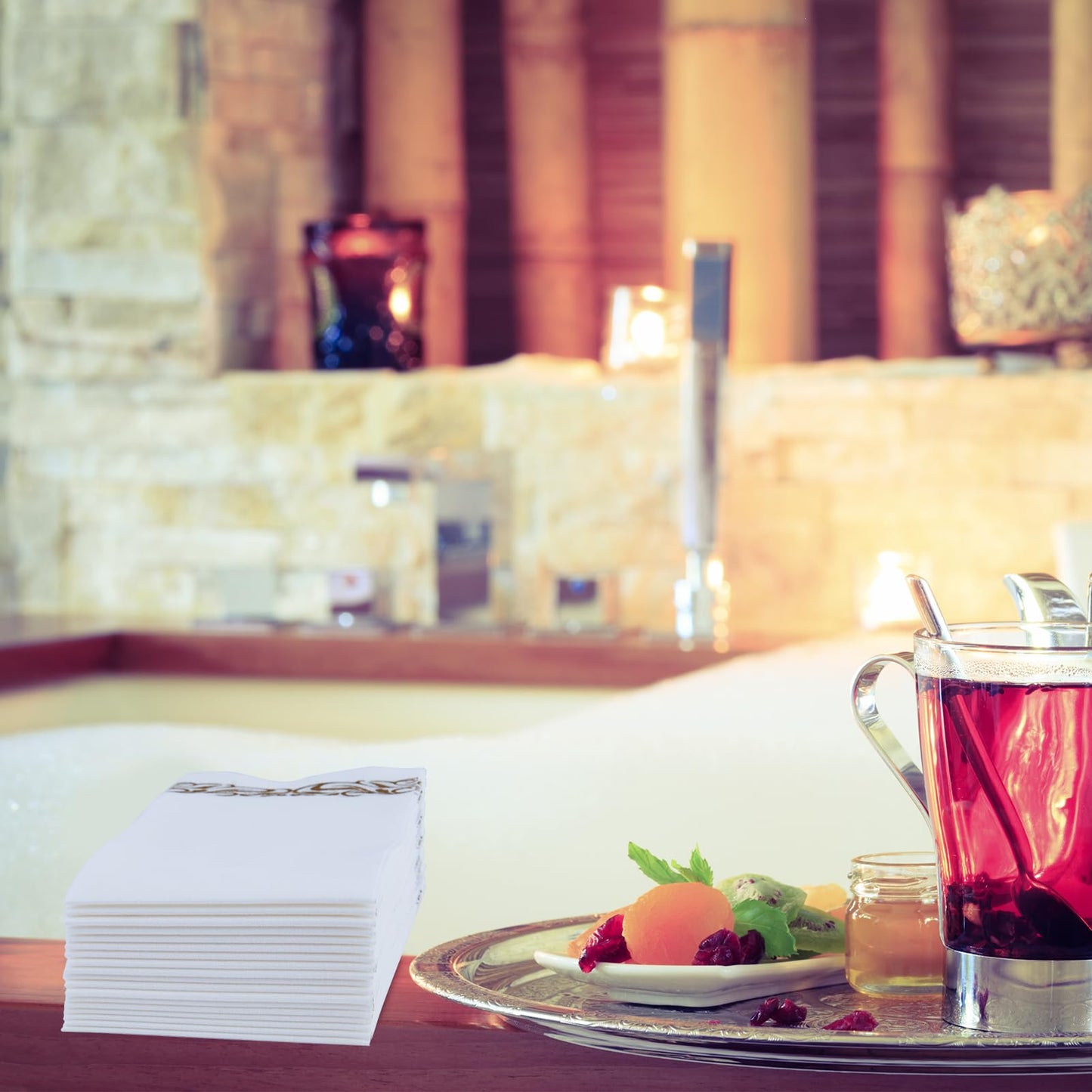 JOLLY CHEF 100 Disposable Hand Towels, Soft and Absorbent Linen Feel Dinner Napkin, Elegant Decorative Paper Guest Towels for Kitchen, Bathroom,Weddings,Parties, Gold and White