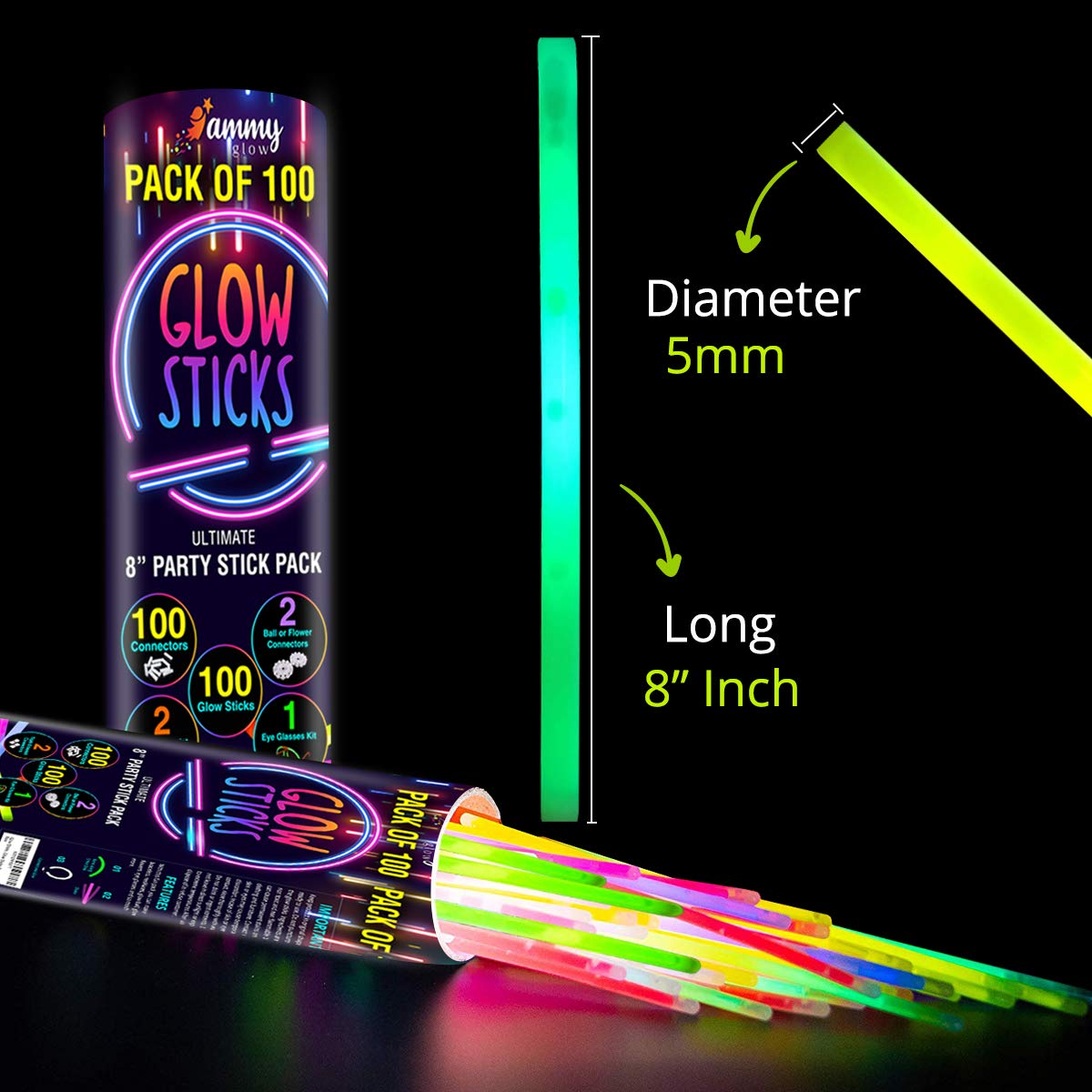Premium Bright Glow Sticks Bulk Party Pack for Halloween -Glow in The Dark Party Supplies- 205 Pcs-Eye Glasses-Bracelets- Necklaces- Neon Accessories-Glow Party Pack -Kids Party Favors