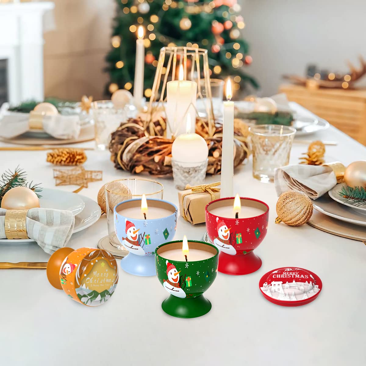 Set of 4 Christmas Santa Claus Snowman Scented Candles Gift Set for Women, Small Natural Soy Wax Decorative Aromatherapy Candles for Home Holiday - Cedar, Vanilla, Apple and Ocean Fragrances