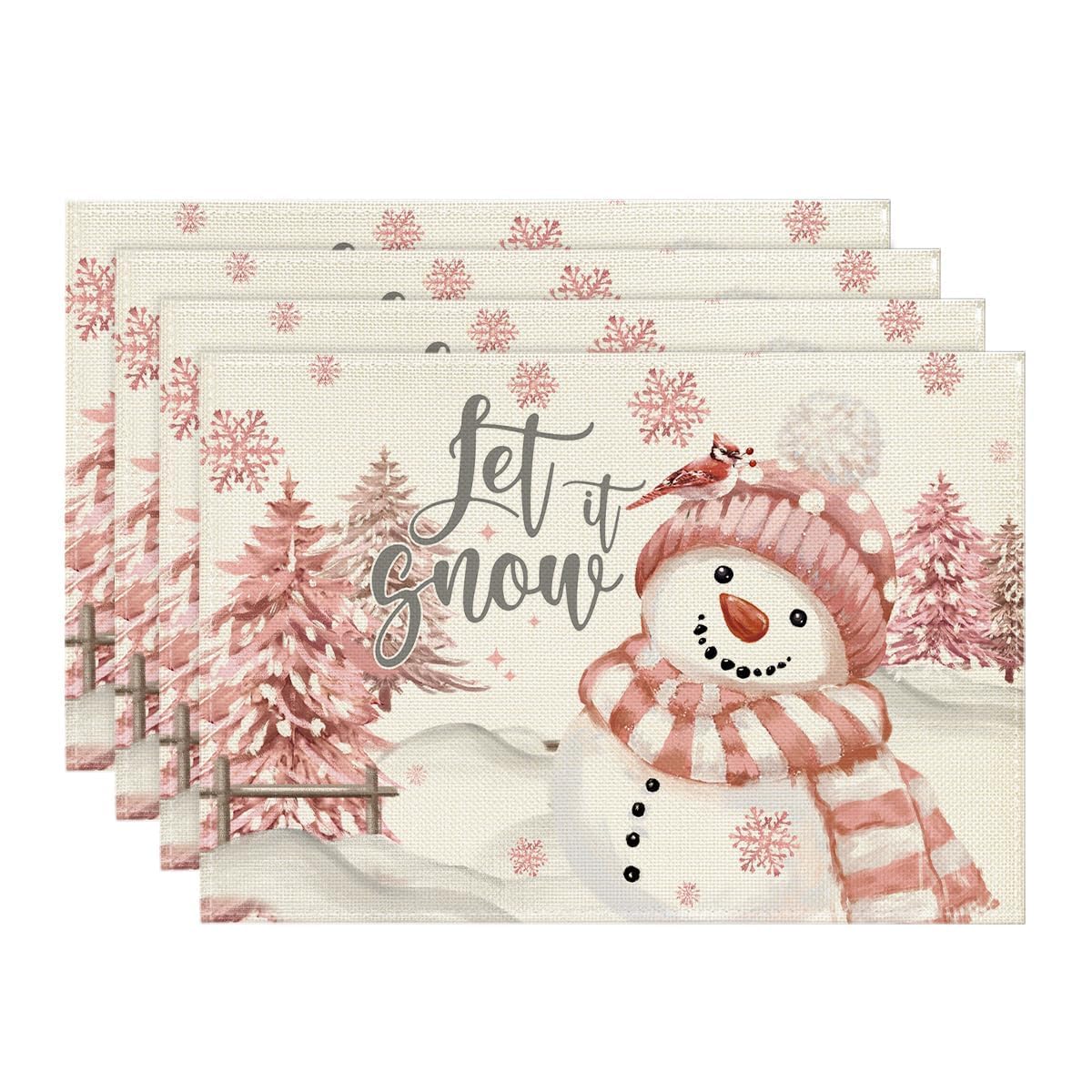 Xmas Trees Let It Snow Pink Snowman Christmas Placemats Set of 4, 12x18 Inch Winter Table Mats for Party Kitchen Dining Decoration