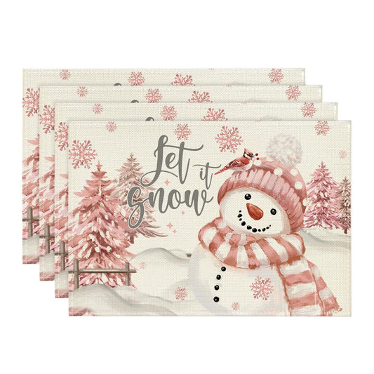 Xmas Trees Let It Snow Pink Snowman Christmas Placemats Set of 4, 12x18 Inch Winter Table Mats for Party Kitchen Dining Decoration