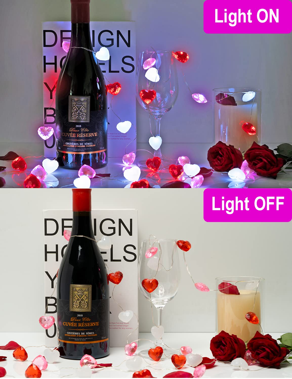 Valentine Day Decor 10 ft 30 LEDs 3D Heart Lights, Red White Pink Fairy String Lights with Remote Battery Operated, Valentines Decorations for The Home Bedroom Garland Wedding Indoor Timer
