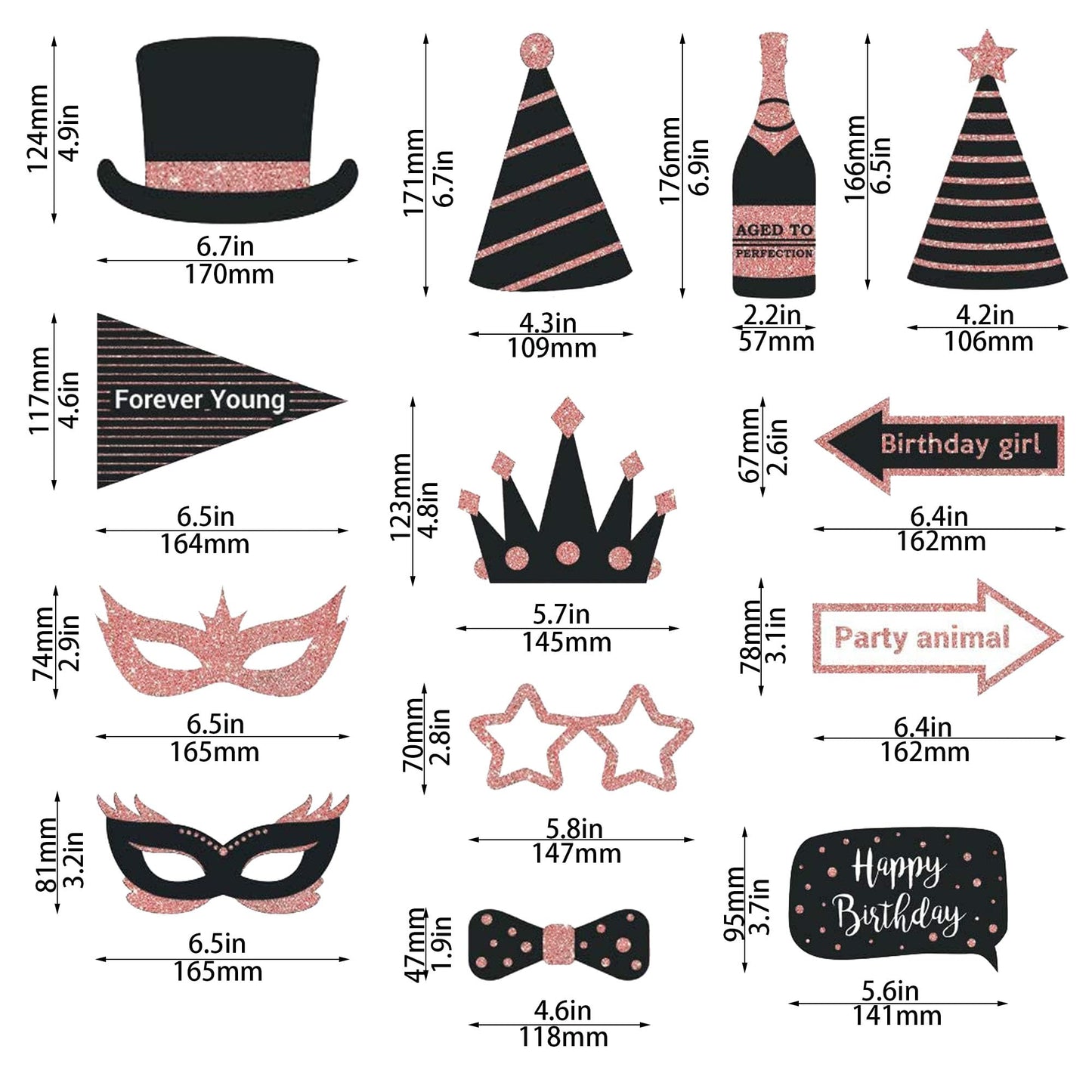 Party Birthday Photo Booth Props, 30Pcs Set of Happy Birthday Selfie Party Supplies with Real Glitter Cute Bday Designs for Women or Girls,Easy to Assemble(Rose Gold)