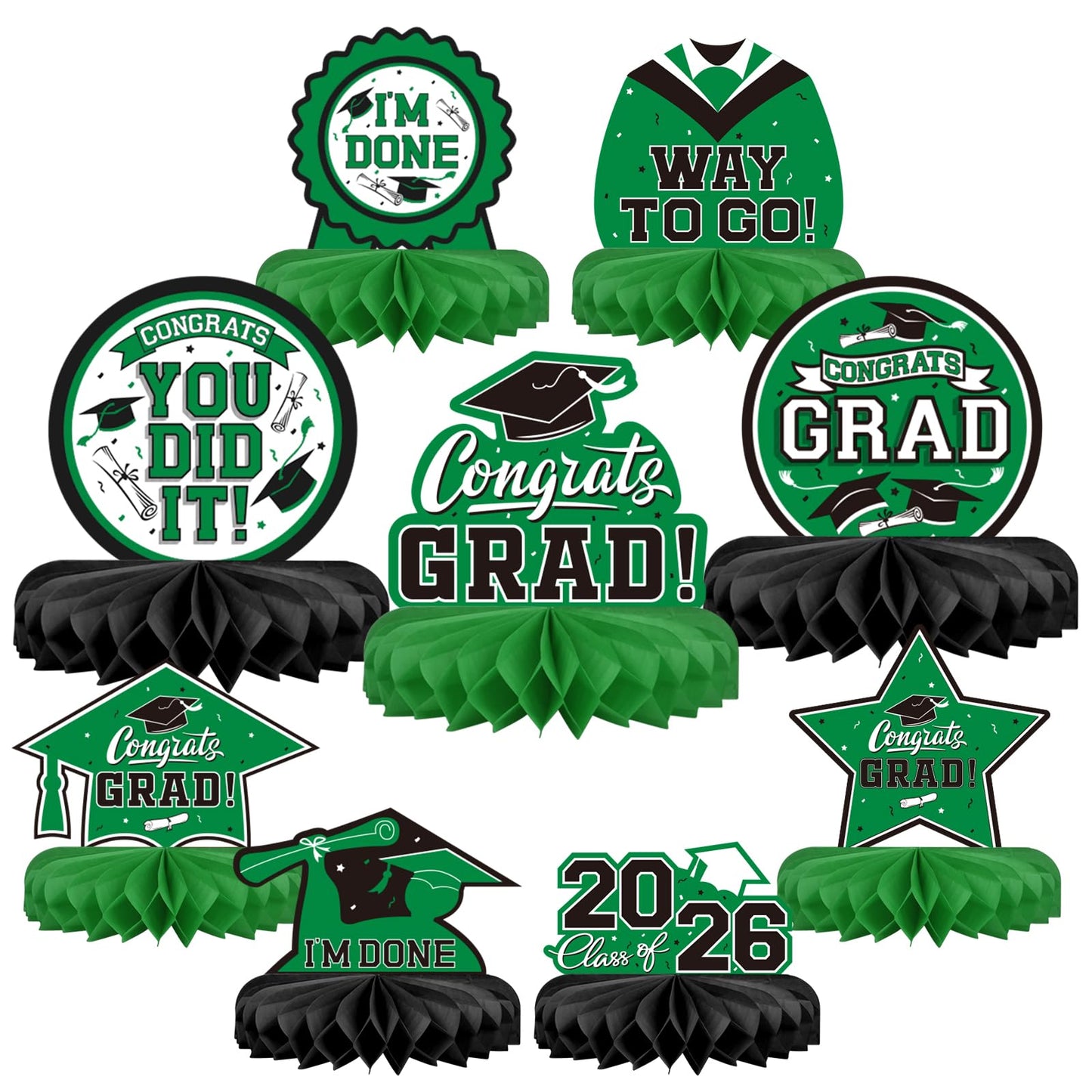 Gatherfun 9PCS Graduation Party Decorations Class of 2026 Congrats Grad Table Centerpiece Congratulate Graduation Honeycomb Table Toppers for Graduation Party Supplies(Green,Black