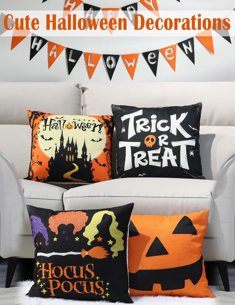 Halloween Decorations Set Of 4 Double-Sided Print Pillow Covers 20" x 20", with 8 Cute Halloween Decor Patterns, Elegant Invisible Zipper, Soft Linen Throw Pillow Covers for Outdoor & Indoor Use