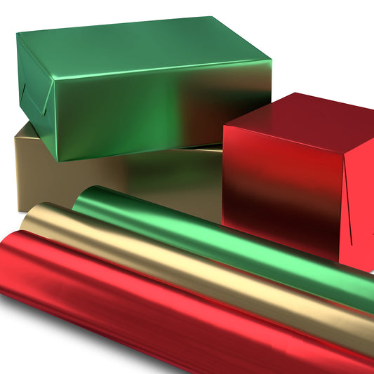 Christmas Wrapping Paper Rolls - Solid Red, Green, Gold Metallic Foil Gift Wrap Paper (Set of 3 Rolls: 60 sq. ft. ttl.) for Holiday Parties, Hanukkah, Winter Weddings
