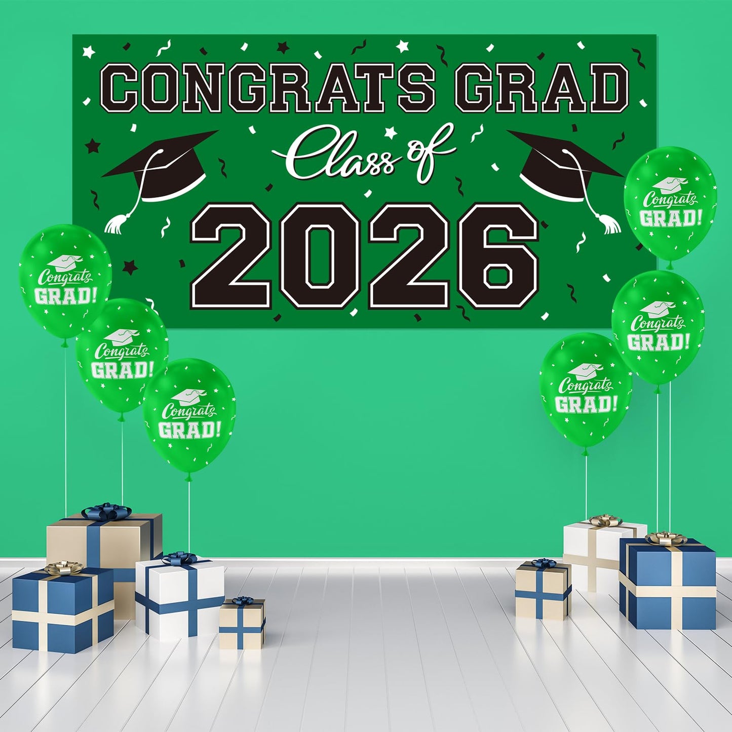 2026 Graduation Party Plastic Backdrop - 65" x 32.7" Congrats Grad Banner in Green, Large Class of 2026 Decorations, Photography & Grad Party Supplies