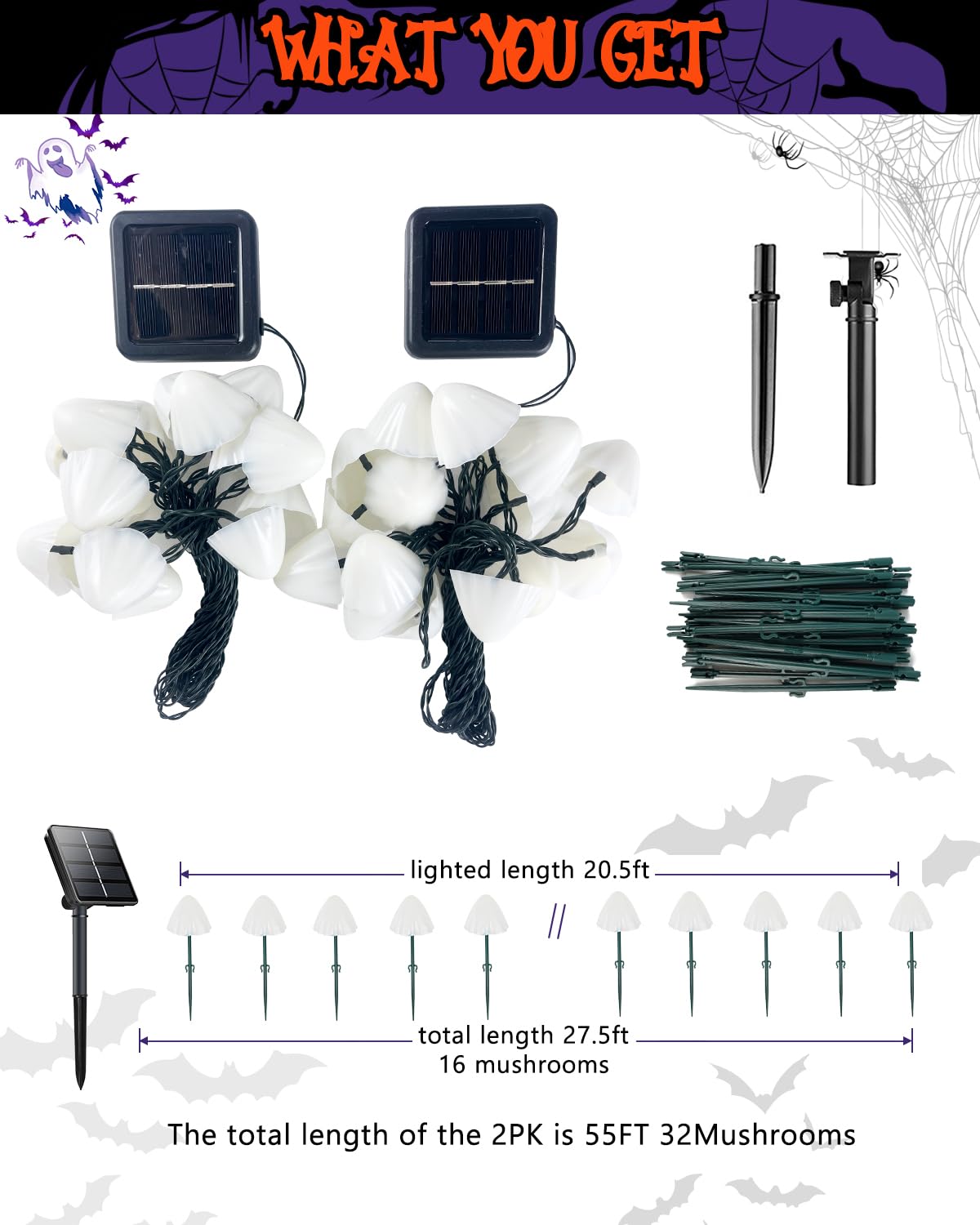 2PK 55FT 32LED Halloween Orange Purple and Green Solar Mushroom Lights Outdoor, Solar String Light with 8 Lighting Modes Auto On/Off, Halloween Garden Lights for Witch Decorations