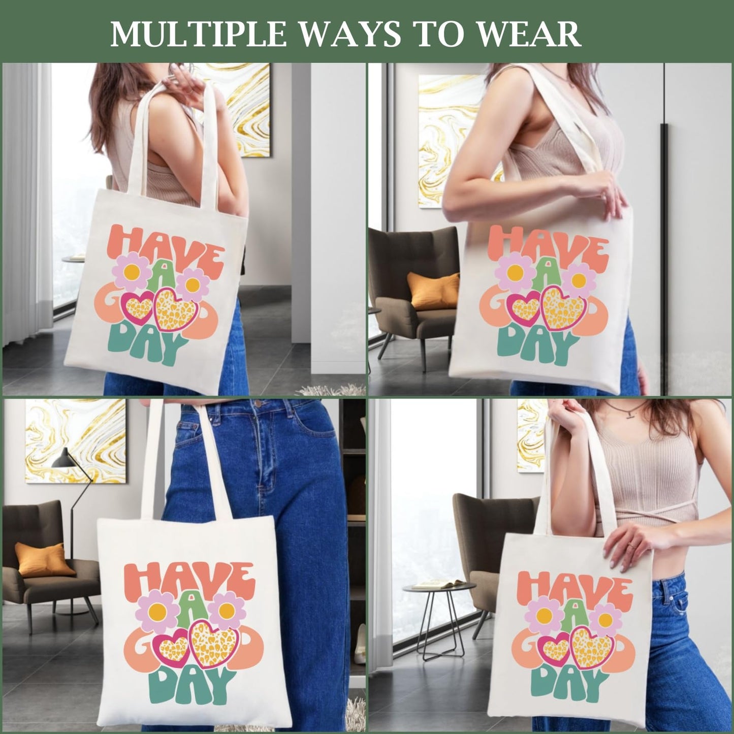 Andeiltech Canvas Tote Bag for Women with Zipper Pocket Aesthetic Cloth Cotton Totes Reusable Grocery Bags Shoulder Book Bags Gifts