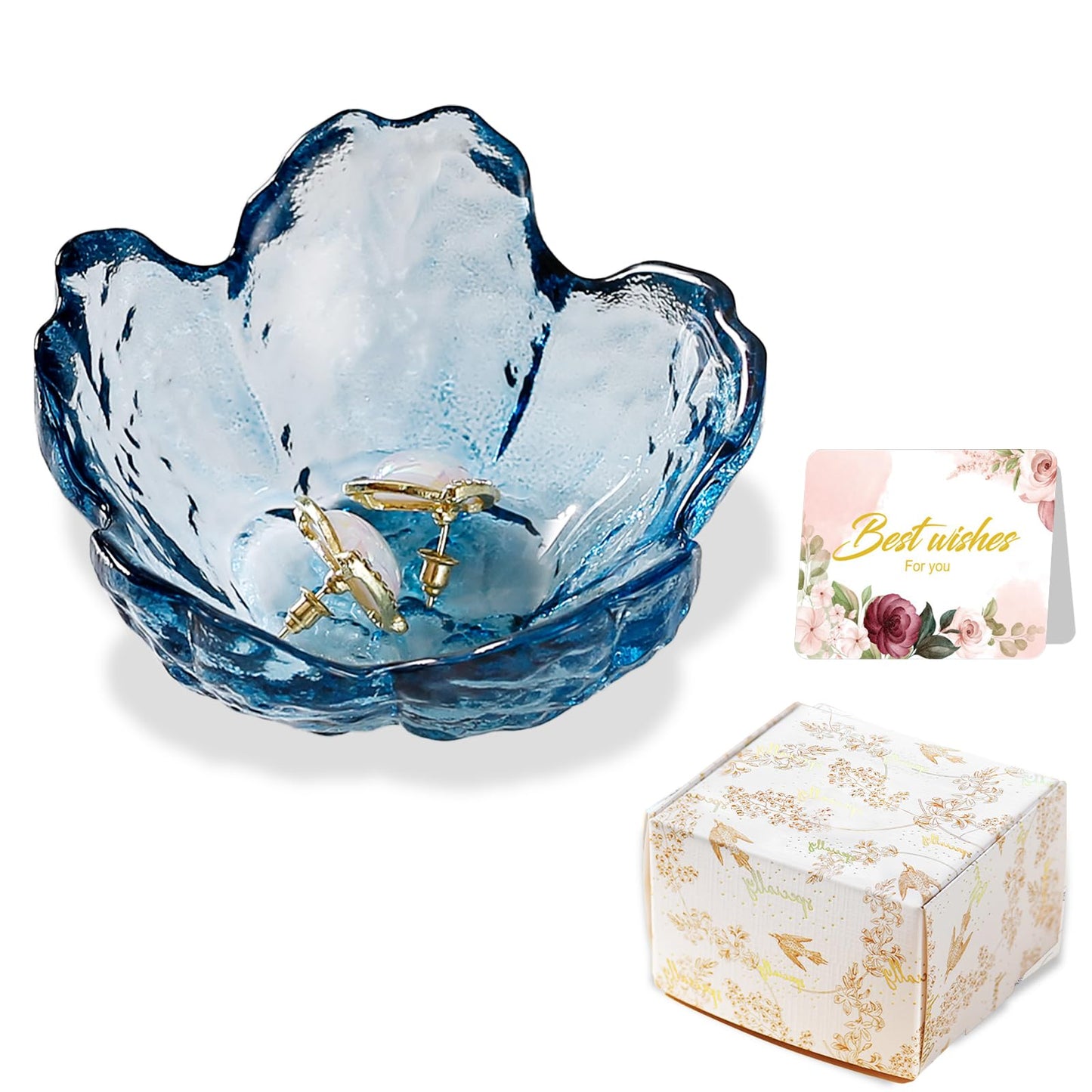 Binoster Blue Flower Glass Ring Dish Jewelry Tray Ring Holder Dish Cute Room Decor Vanity Organizer for Nightstand or Bathroom Aesthetic Trinket Dish Gift for Wife Mom Daughter