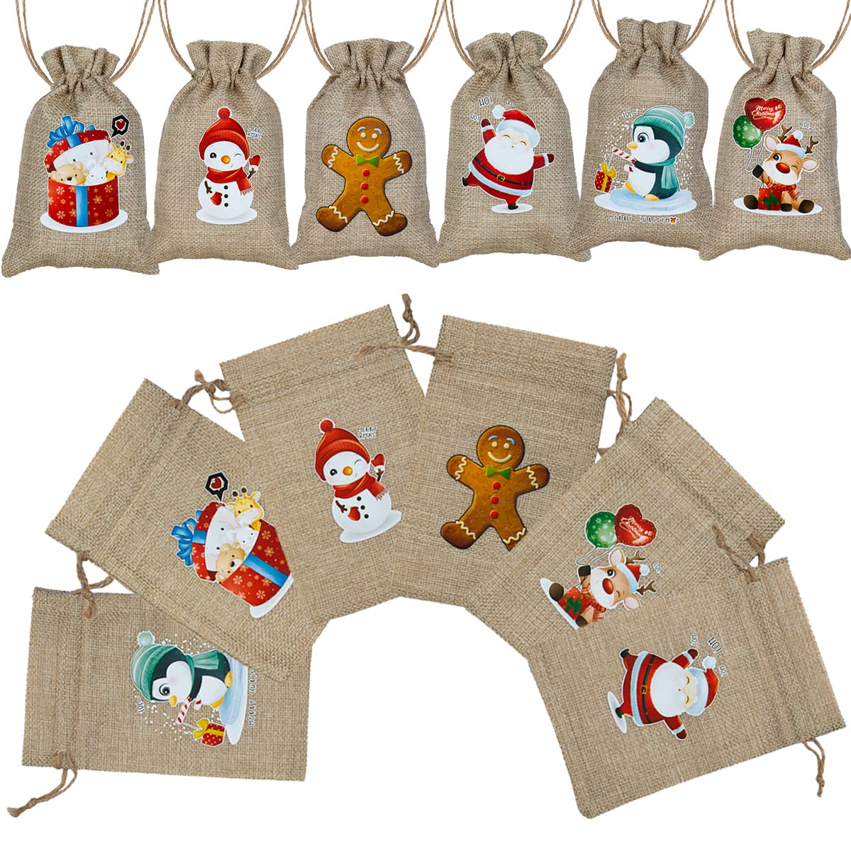 24 Pack Christmas Jute Burlap Bags, Christmas Drawstring Gift Bags for Xmas Presents Holiday Party Favor Treats Candy, 6 Designs