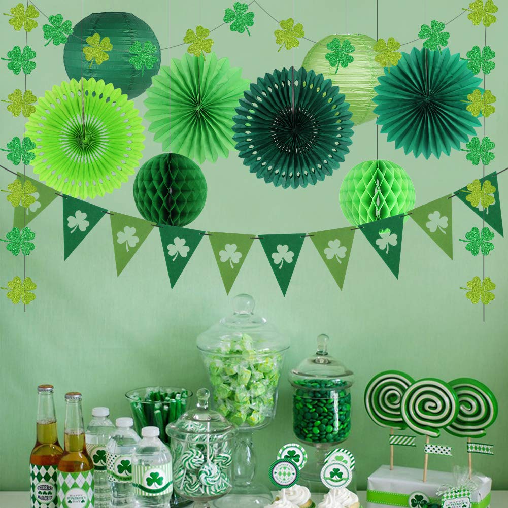 zilue St Patricks Day Decorations, Green Party Supplies Four-leaf Clover Garland Tissue Paper Fan Paper Lantern for Irish Party Saint Patricks Day Decor