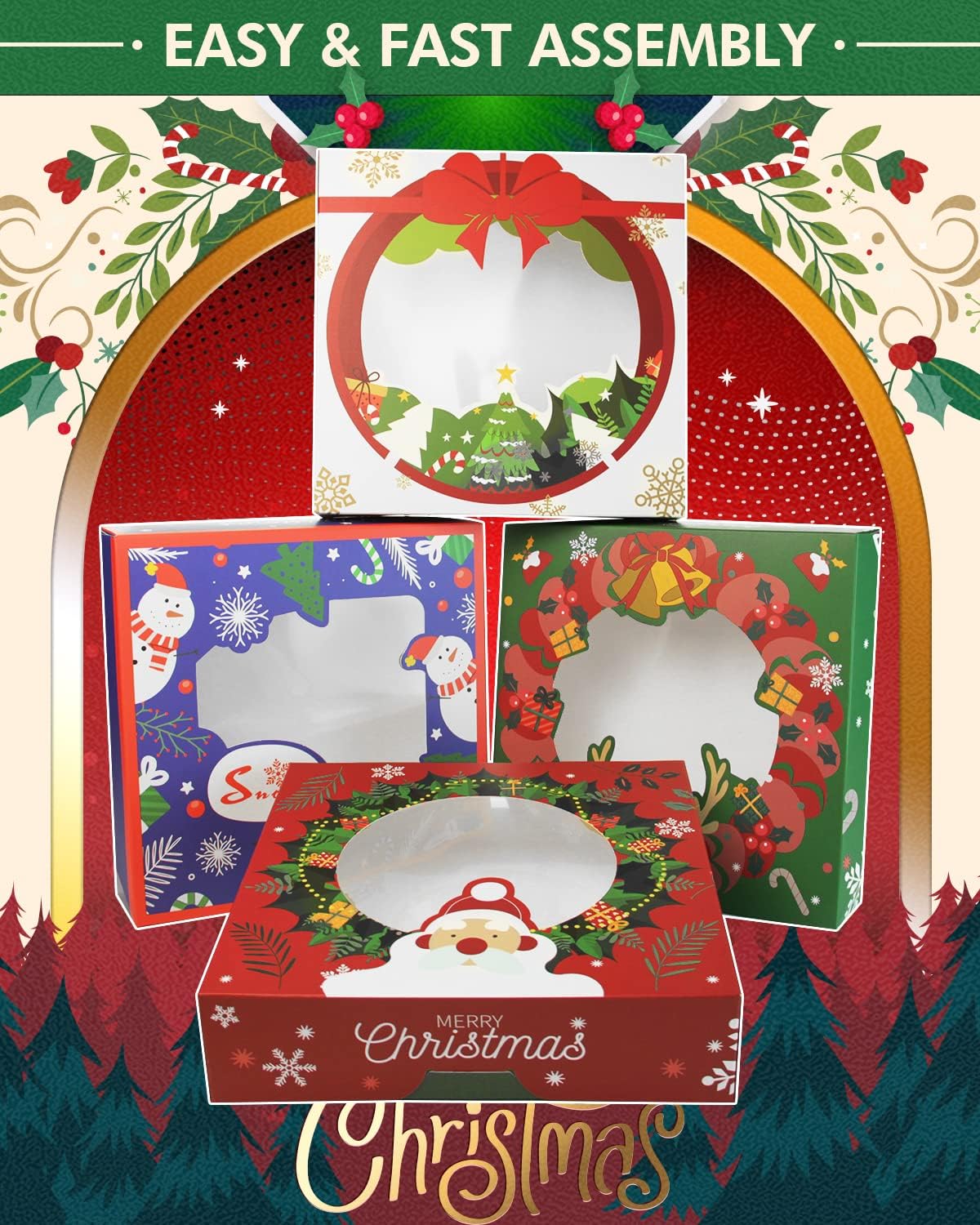 New Christmas Pie Boxes with Window 10x10x2.5 inch 30Packs Cookie Donut Bakery Box