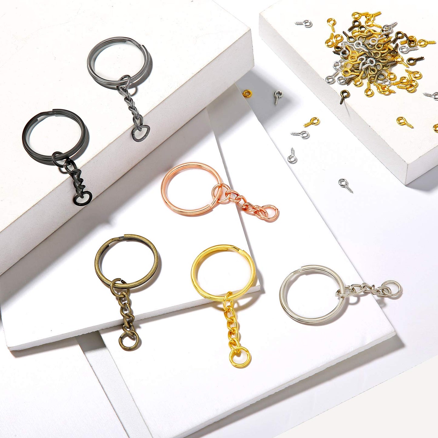 Hotop 360 Pcs Keychain Bulk Key Chain Making Kit Including 90 Keychain Rings with Chain and Open Jump Rings Connectors 180 Small Screw Eye Pins Hooks for Crafts DIY Jewelry Making(25 mm,Mixed Color)