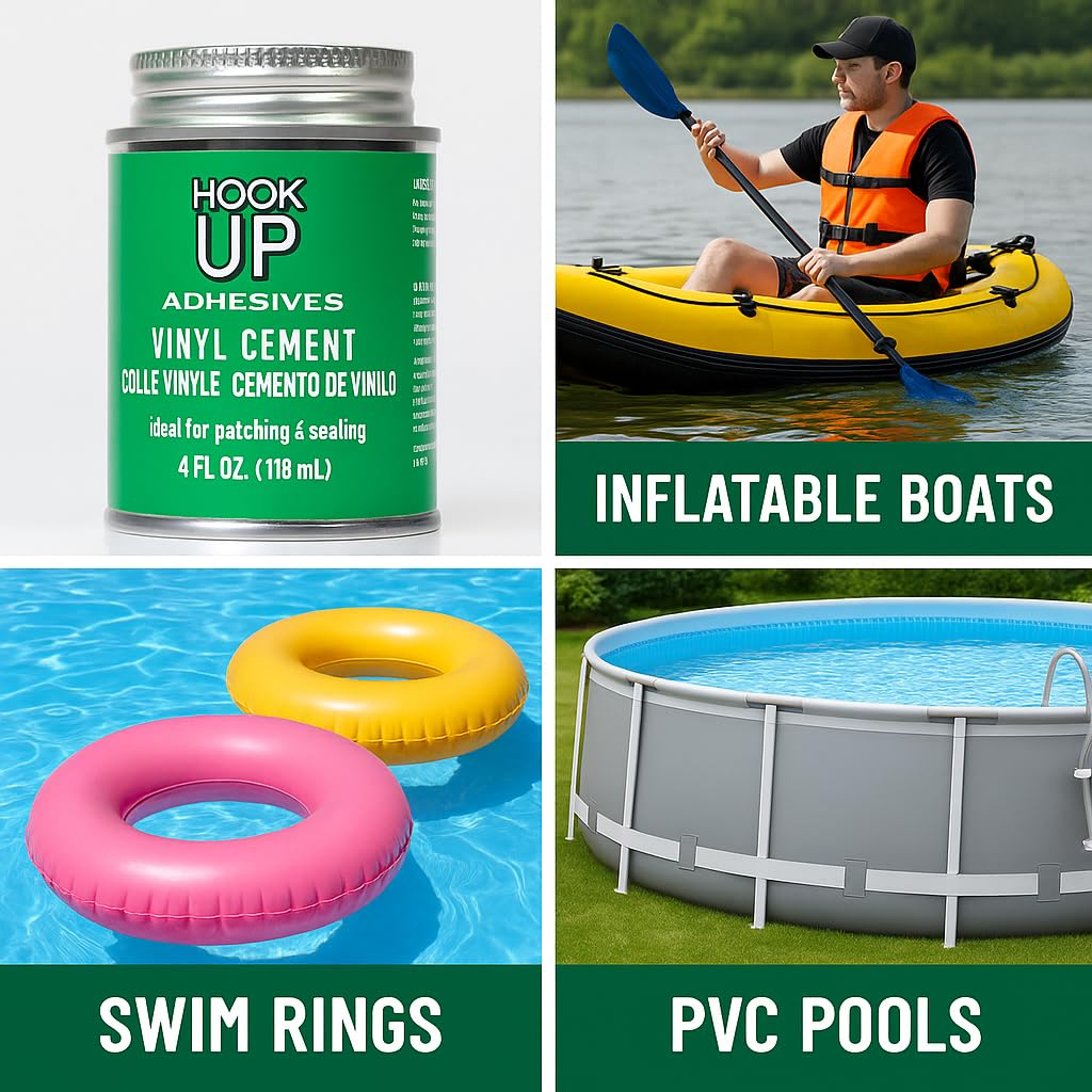 HOOK UP Vinyl Cement – Waterproof Pool Liner Repair Glue for Vinyl & PVC, Fast-Drying Flexible Contact Cement for Inflatables, Air Mattresses, Boats, Tarps, Hot Tubs & Pool Patch Repairs (1 oz)