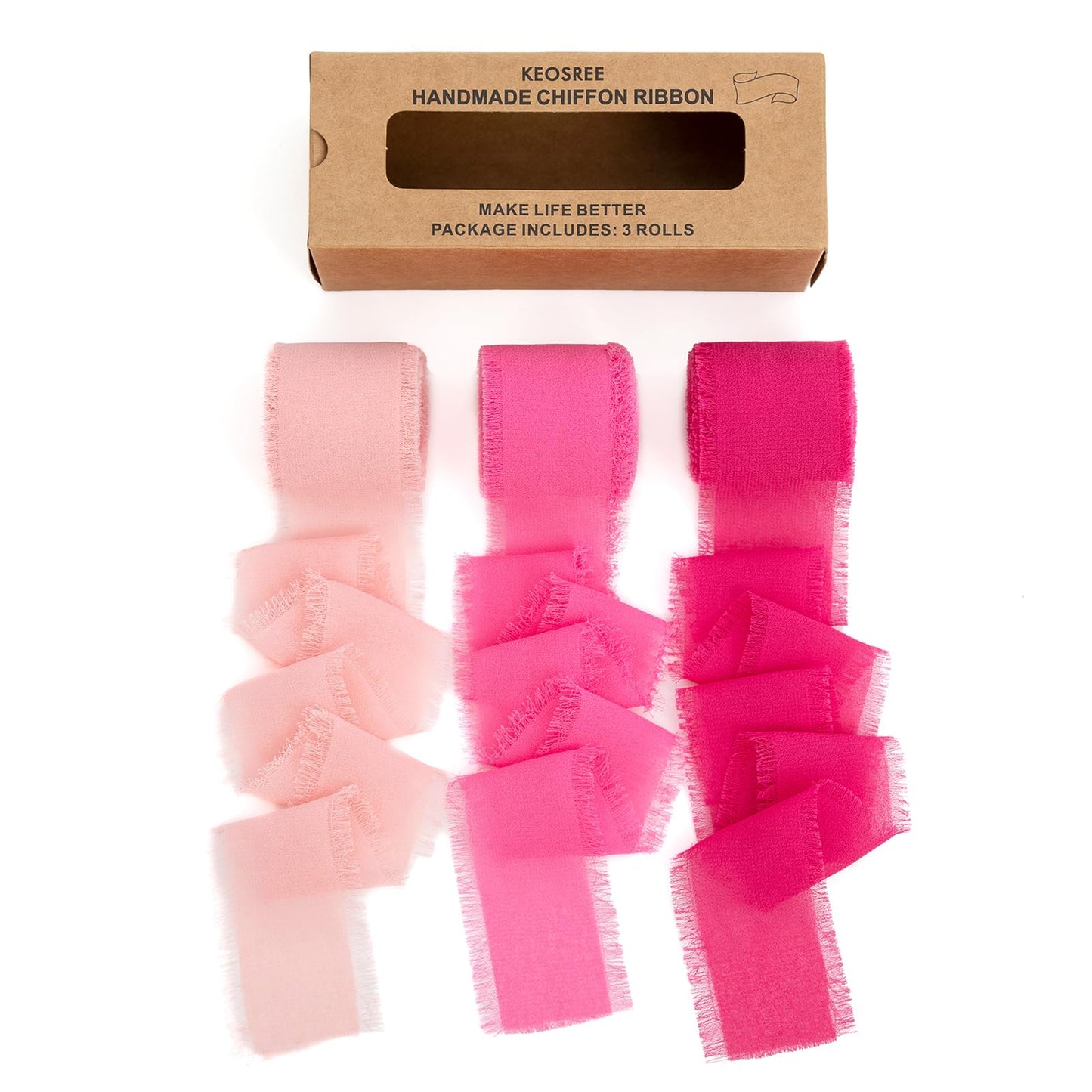 Hot Pink Pastel Pink Handmade Chiffon Ribbon,1.5" x 21Yd Frayed Silk Ribbons for Wreaths Bridal Flower Bouquet Christmas Gift Wrapping Wedding Decor Invitations Decorations (7Yards X 3 Rolls)