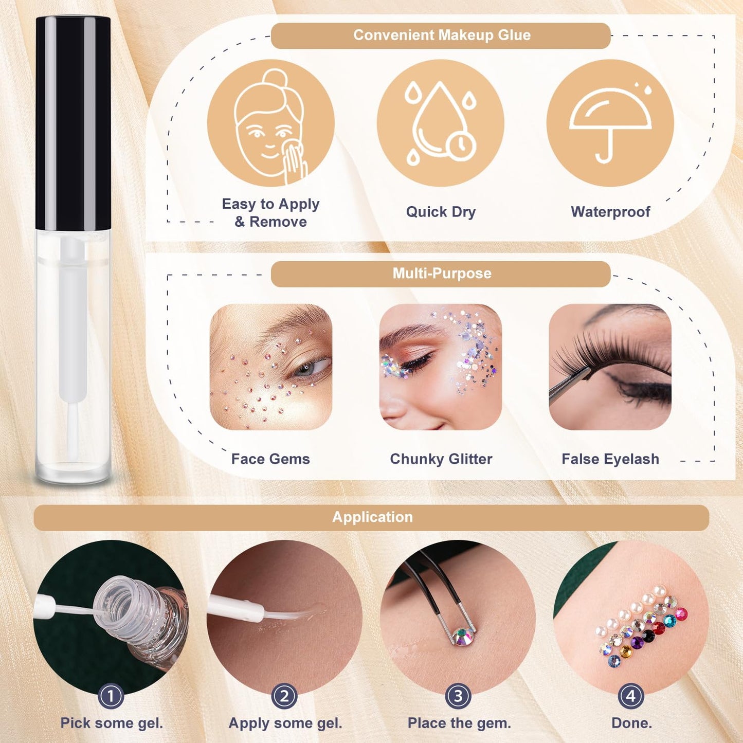 Flatback Face Gems Kits for Makeup with Glue, Round Glass Crystal AB & Clear Gems, Beige & White Pearls & 4 Colors Cosmetic Chunky Glitter with Dotting Tools, Eye Jewels for Body Make-up, Nail Art