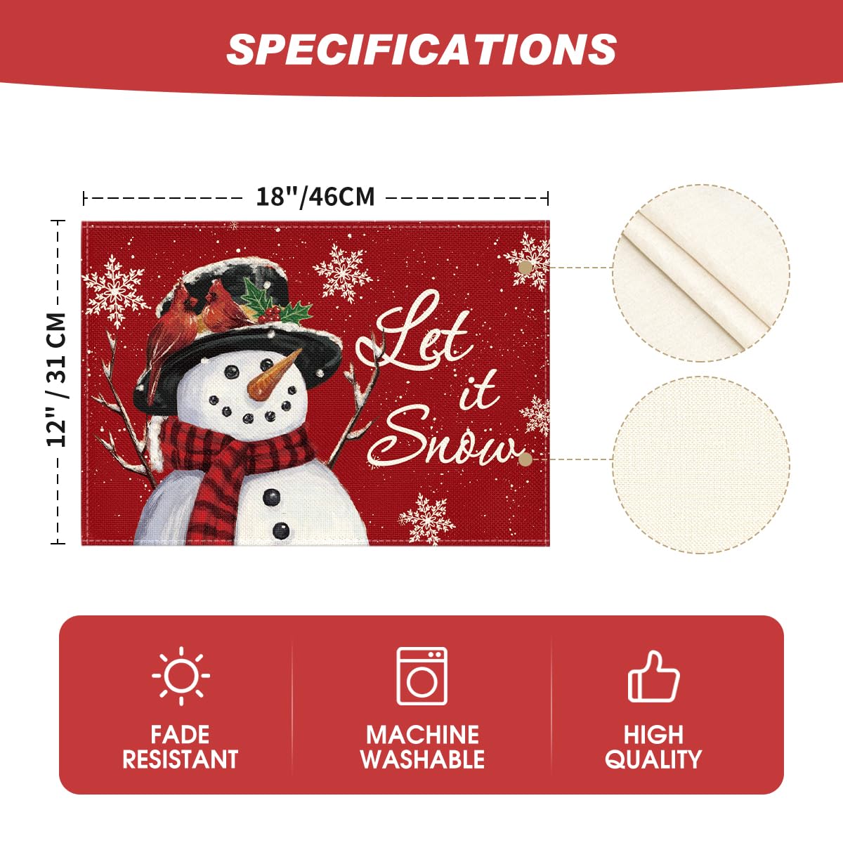 Red Snowman Let It Snow Winter Placemats Set of 4, 12x18 Inch Seasonal Christmas Holiday Table Mats for Party Kitchen Dining Decoration