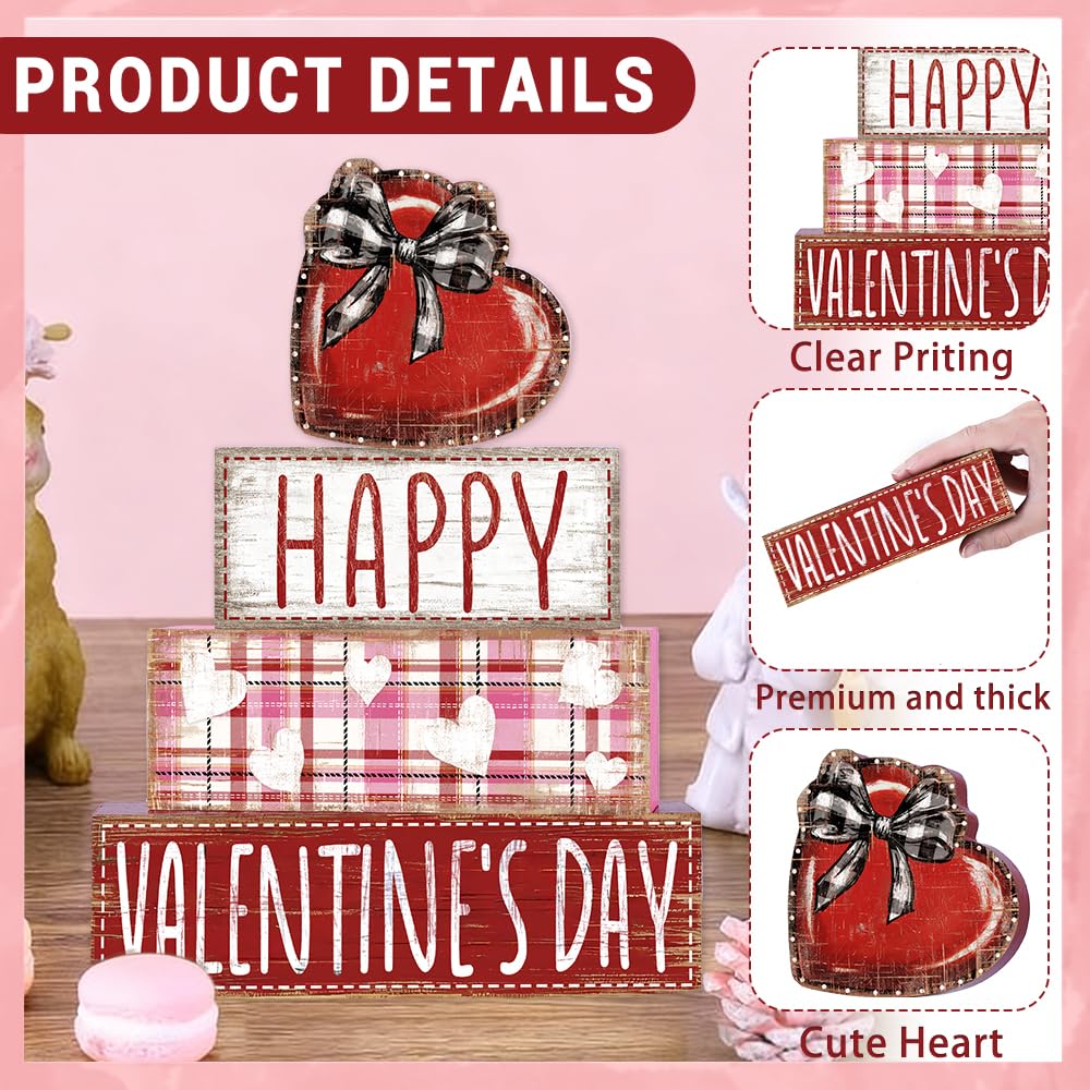 4Pcs Valentine's Day Table Decoration Valentine Heart Wooden Block Signs Rustic Valentines Tiered Tray Decor Happy Valentine's Day Centerpiece Sign for Farmhouse Holiday Tabletop Party Decor