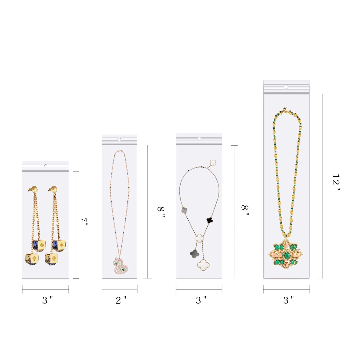 BornFeel Long Jewelery Bags 3 x 8'' 100pcs Clear Zipper Reclosable Necklace Bags with Hang Hole Poly Zip Seal Storage Bags for Packaging Shipping Incense 2 Mil (4 Sizes to Choose from)