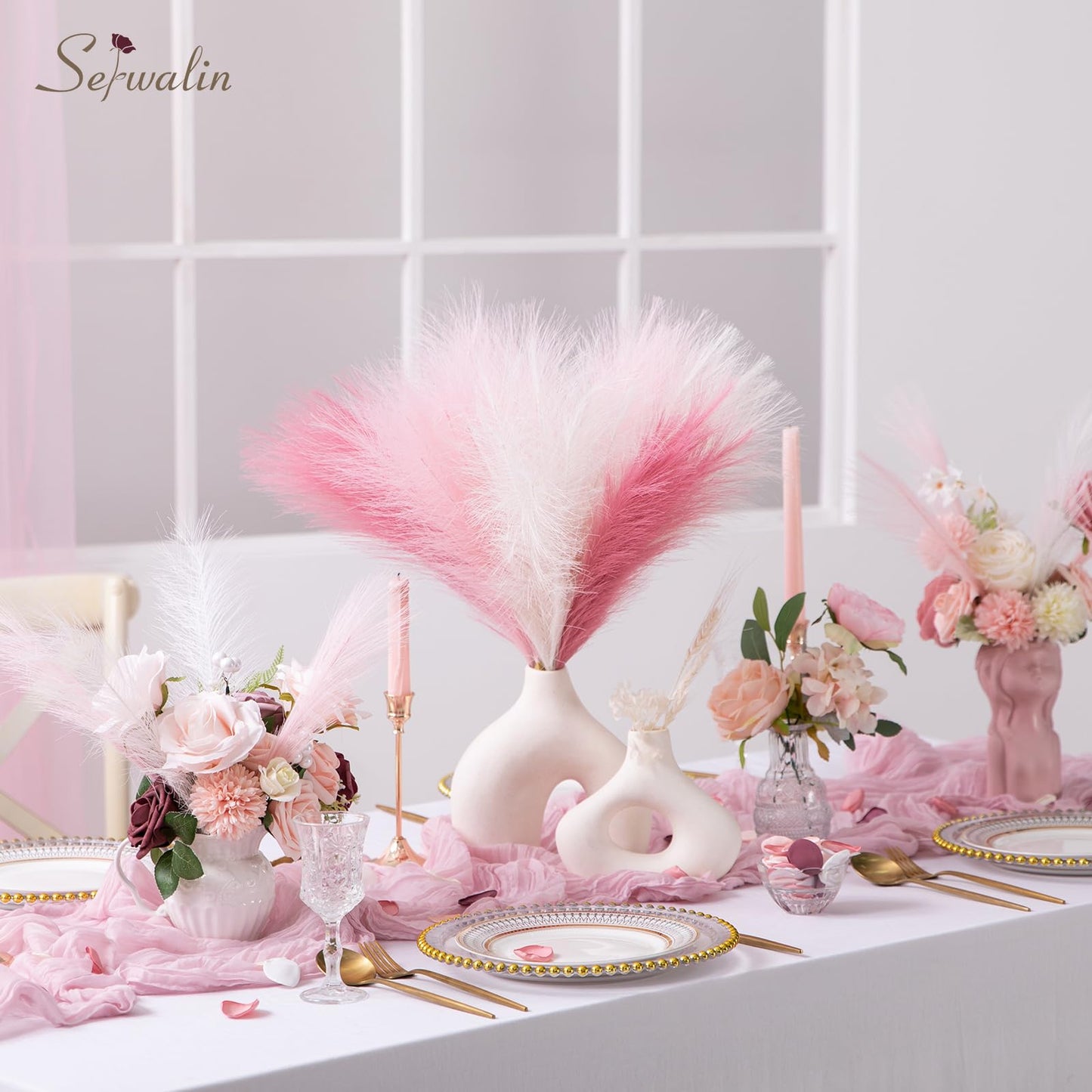 Pampas Grass Pink Decor 17.7 Inch 6pcs, Faux Pampas Grass Home Decor, Artificial Pampas Grass Blush Fake Pampas, Short Vase Room Christmas Decoration