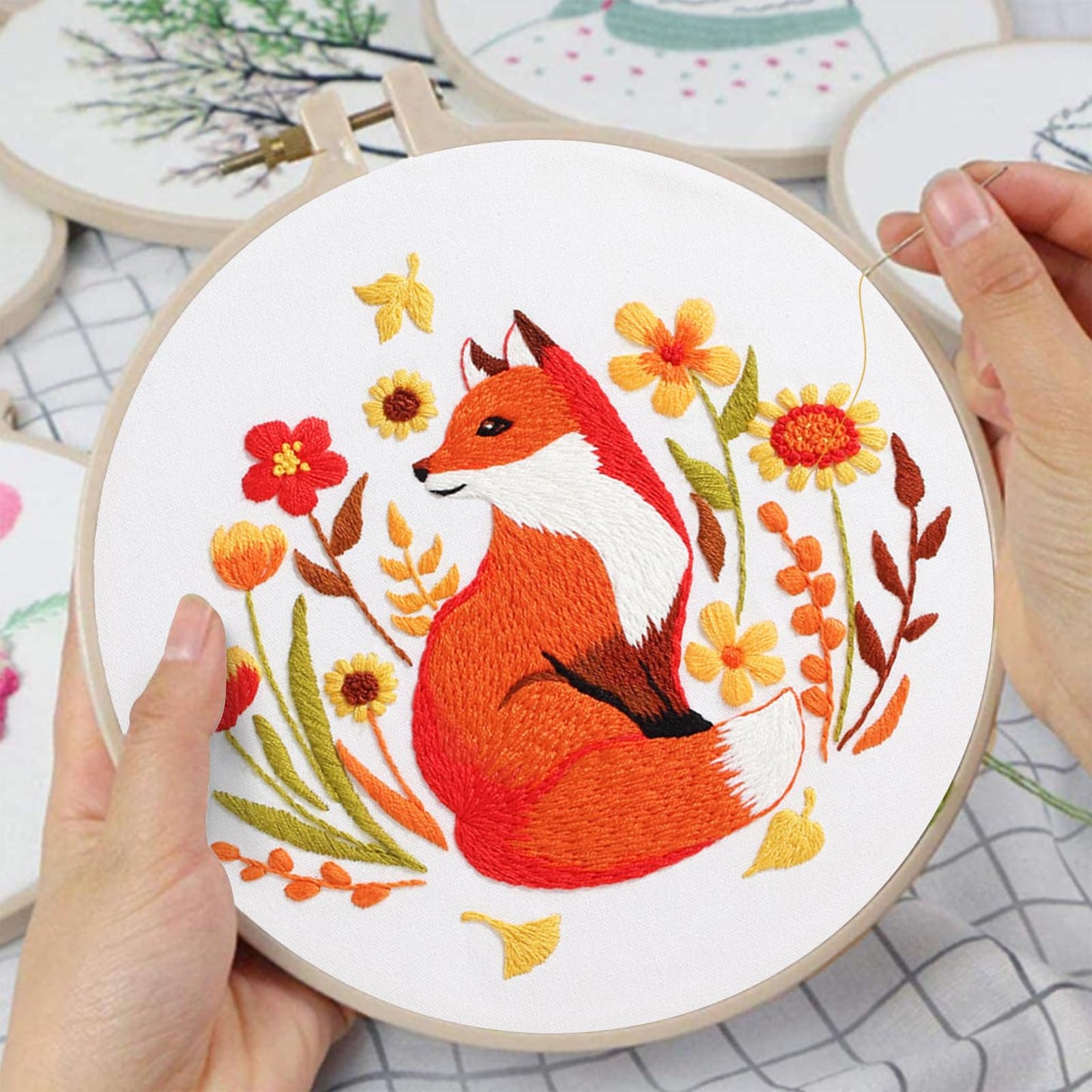 Louise Maelys Fall Fox Embroidery Kits for Beginners with Autumn Animal Pattern,Adults Starter Cross Stitch Kit DIY Needlepoint