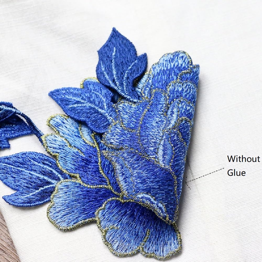 One Pair Beautiful Peony Flower Patches, Elegant Peony Blossom Embroidered Applique for Clothes Backpacks T-Shirt Jeans Skirt Vests Scarf Hat Bag (One Pair Blue Peony)