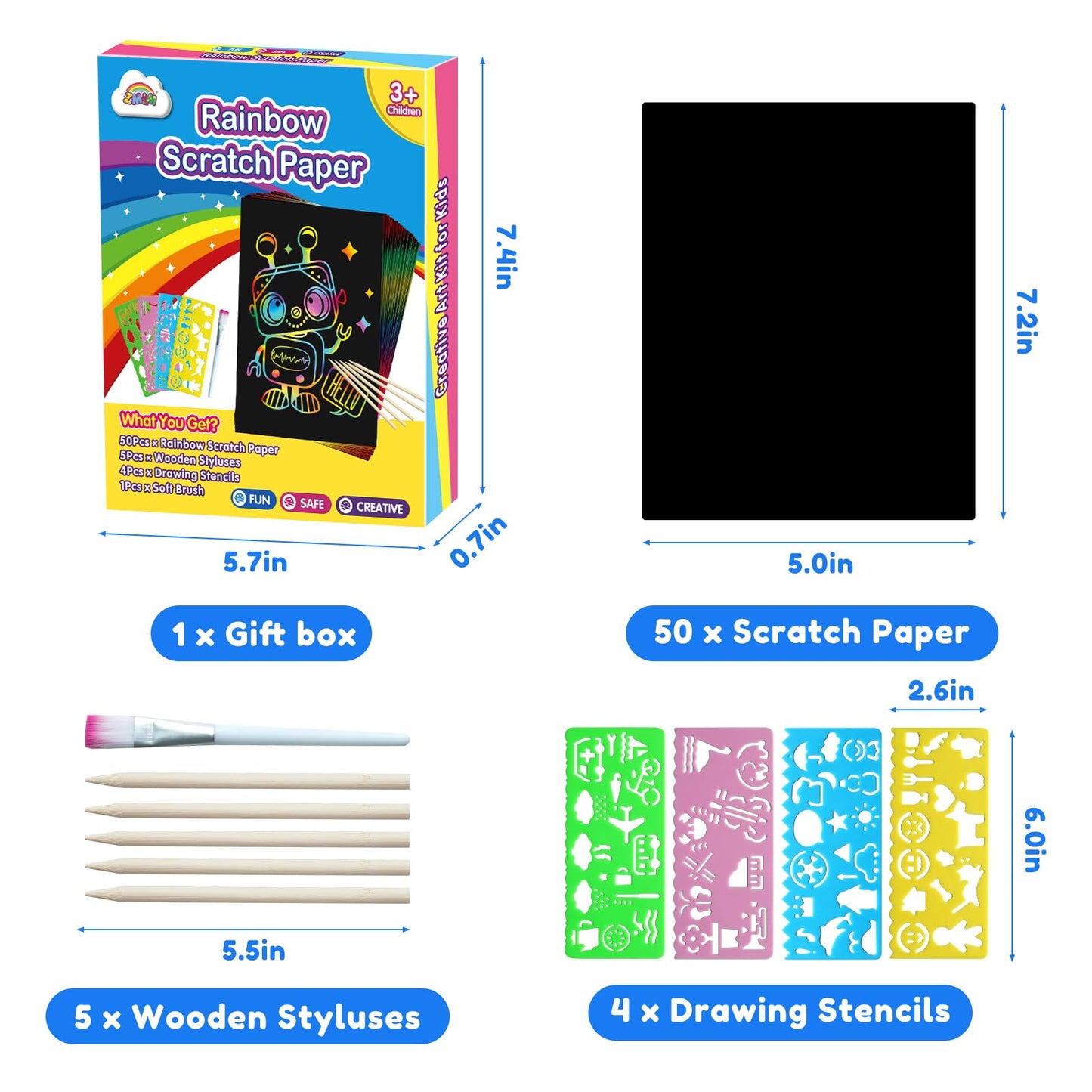 Scratch Art Crafts Boys Gifts, 50 Rainbow Scratch Paper Art Gifts for 3 4 5 6 7 8 9 10 Years Old Girls and Boys Kids, Arts and Crafts for Kids 4-6 Birthday Toys and Games Activities Gift (Blue)