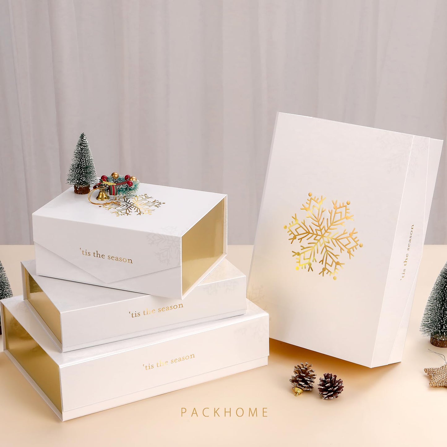 PACKHOME Christmas Gift Box with Lid 9x6.5x3.8 Inches, Rectangle Collapsible Box with Magnetic Lid for Gift Packaging (Gold Snowflake Pattern)