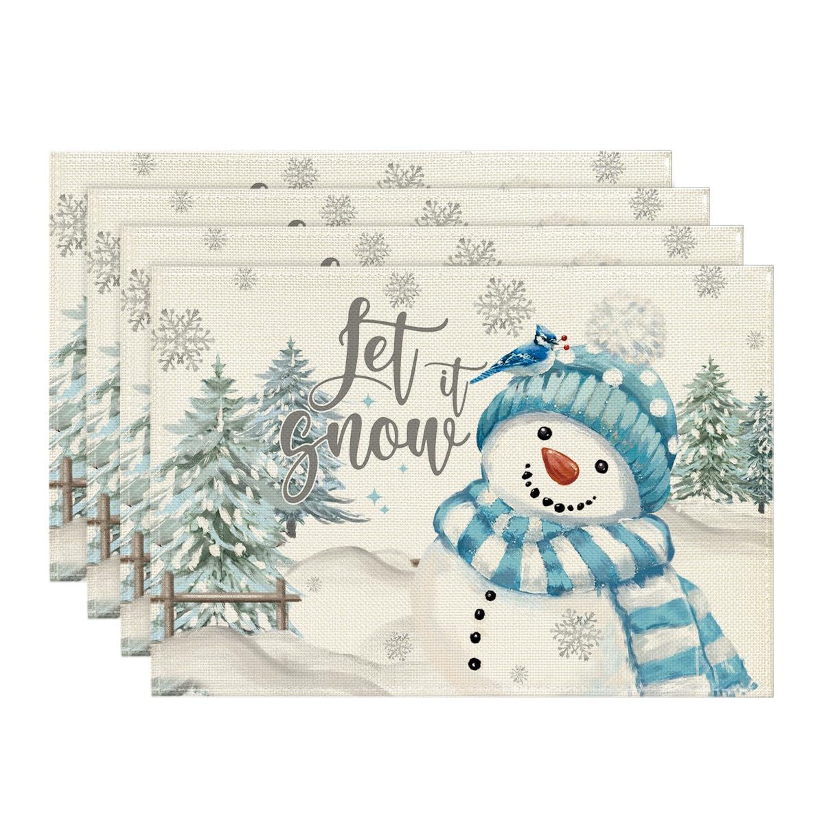 Xmas Trees Let It Snow Blue Snowman Christmas Placemats Set of 4, 12x18 Inch Winter Table Mats for Party Kitchen Dining Decoration