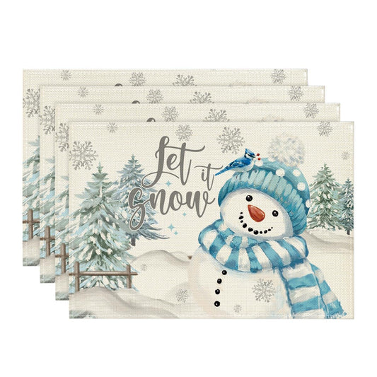 Xmas Trees Let It Snow Blue Snowman Christmas Placemats Set of 4, 12x18 Inch Winter Table Mats for Party Kitchen Dining Decoration