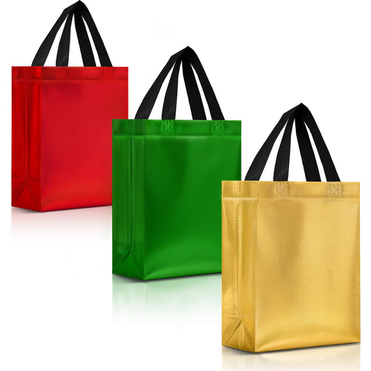 Nush Nush Christmas Gift Bags Medium Size - Set of 12 Reusable Christmas Bags for Gifts (4 Each of Red, Green and Gold Colors) - Perfect for Holiday Gifts, Presents, Party Favor, Thanksgiving - 8x4x10