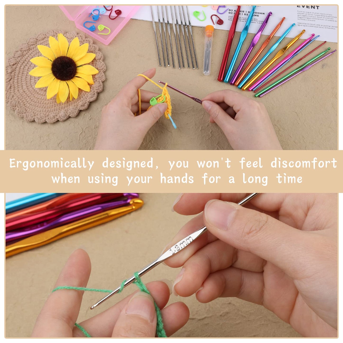 MORFEN 48 PCS Crochet Hooks Set, 21 Sizes Crochet Needles with Case, Ergonomic Knitting Needles, Crochet Hooks Kit with Crochet Accessories Stitch Markers Blunt Needles for Crocheting Yarn