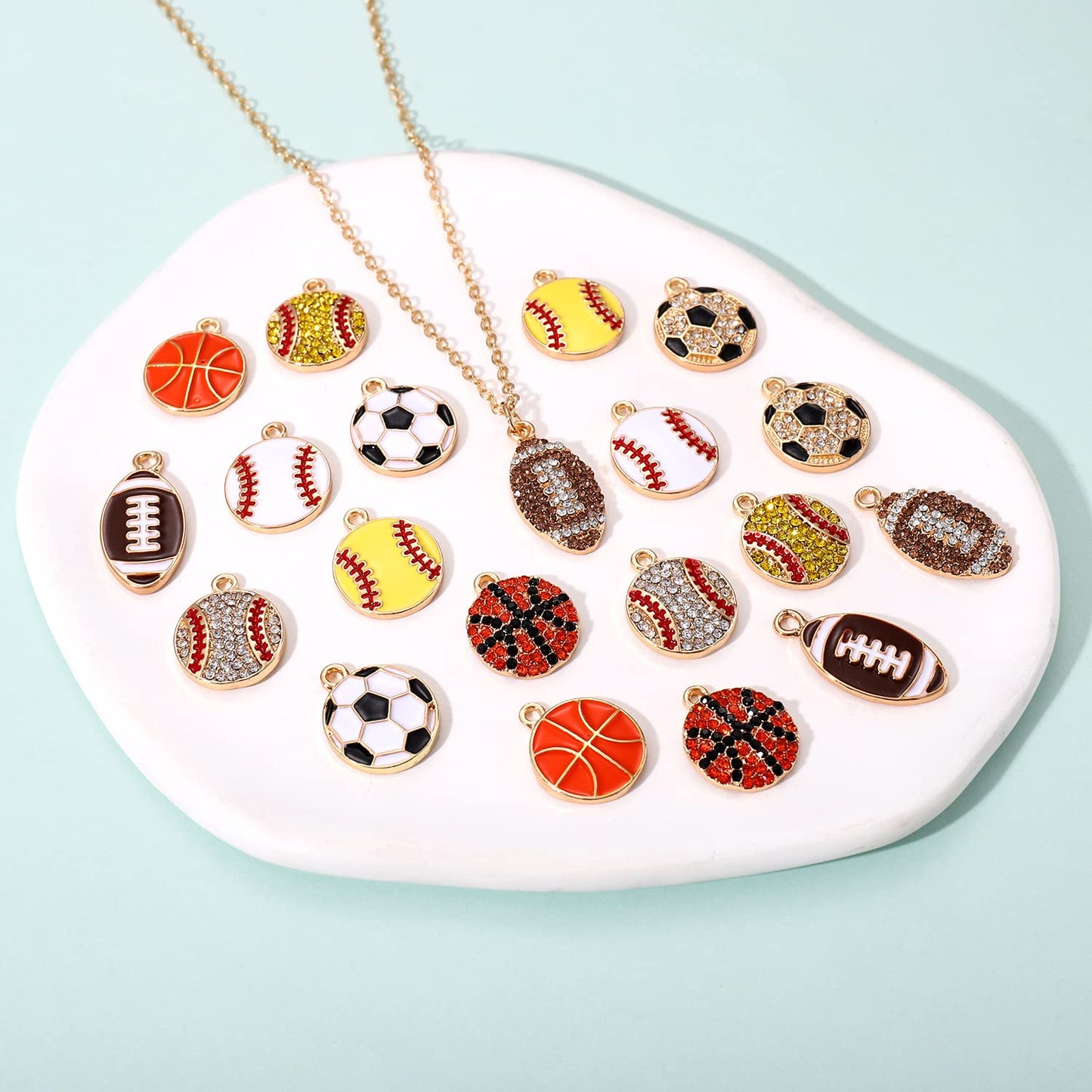 20PCS Sports Charms Enamel Basketball Baseball Pendant Charms for Jewelry Making Rhinestone Ball Game Softball Charms for Necklace Bracelet Earrings DIY Crafts (Set 1)