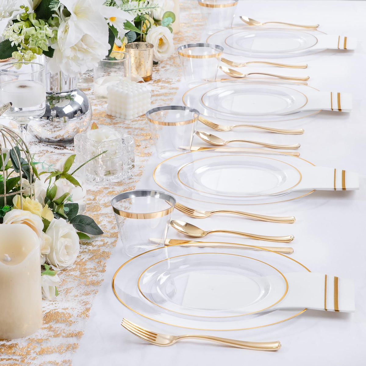 SUT 175 PCS Clear and Gold Plastic Plates, Plates Disposable Heavy Duty for 25 Guests, Disposable Plates for Party and Wedding, Party plates and Cups and Napkins Sets, Plastic plates Disposable