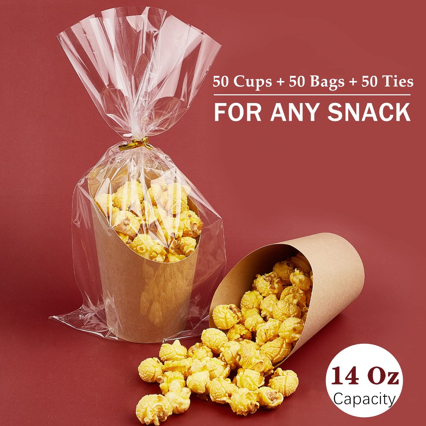 Ocmoiy [50 cups + 50 Bags] 14 oz Kraft Charcuterie Cups with Bags - Disposable Brown Paper Appetizer Cups for Individual Party Serving Snack