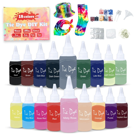 Tie Dye Kit for Kids & Adults - Complete DIY Tie Dye Set w/Tie Dye Powder in Tie Dye Refill Packets -Fun Kids Tie Dye Kit w/Nozzle Spray Tie Dye Kit for Fabric - Dye for Clothing (Pack of 18, 60 ml)