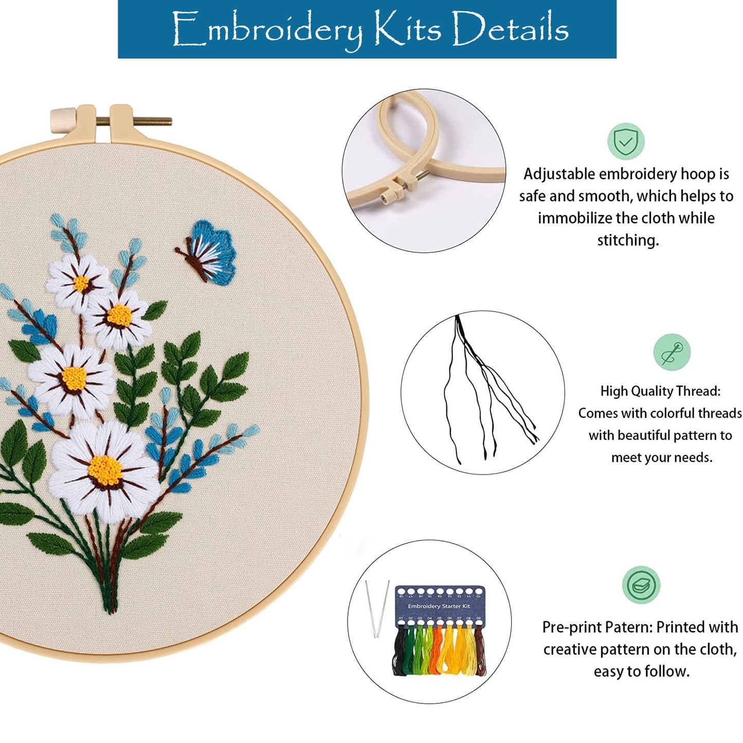 Embroidery Kit for Beginners,Cross Stitch Kits for Adults DIY Craft 3pcs Embroidery Pattern Needlework Fabric Embroidery Thread and Needles 1pcs Embroidery Hoop Adult Stitch Stuff Sewing Kit Gift